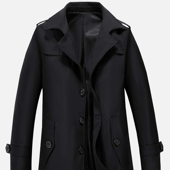 Black Preppy Mens Slant Pockets Button Up Trench Coat - Picture 1 of 7